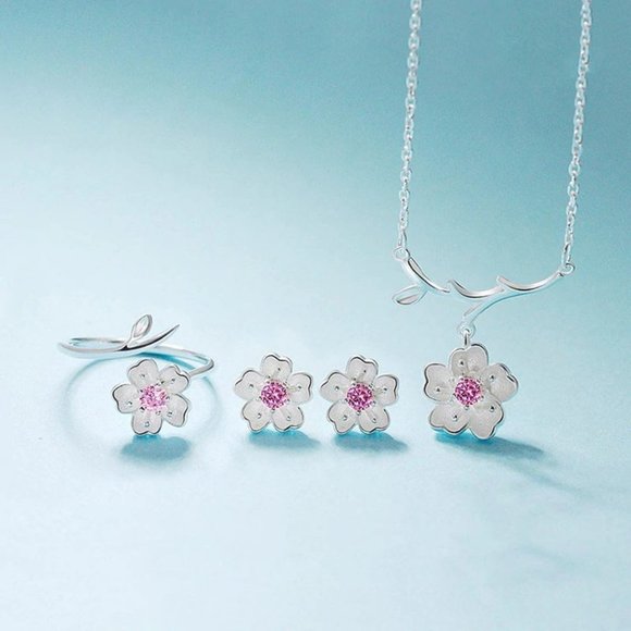 [Set of 4] NEW 925 Sterling Silver Cherry Blossom - Picture 6 of 11